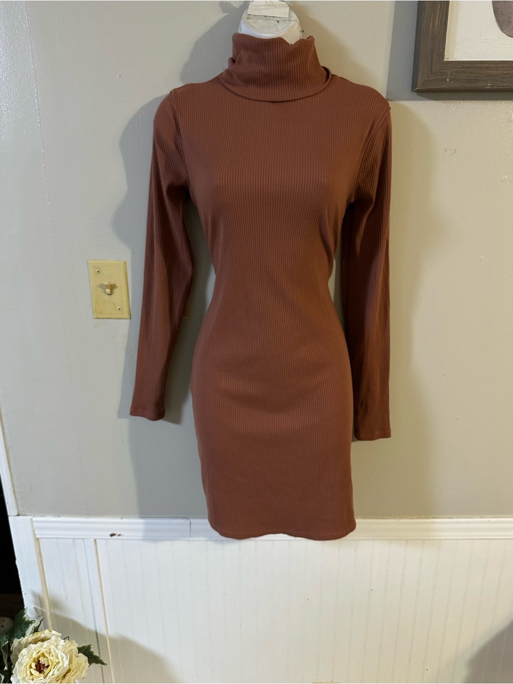 wild fable Ribbed Long-Sleeve Turtleneck Dress - Rust Brown